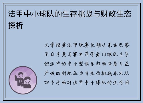 法甲中小球队的生存挑战与财政生态探析