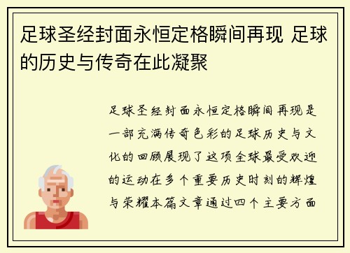 足球圣经封面永恒定格瞬间再现 足球的历史与传奇在此凝聚