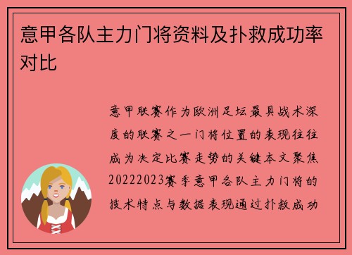 意甲各队主力门将资料及扑救成功率对比