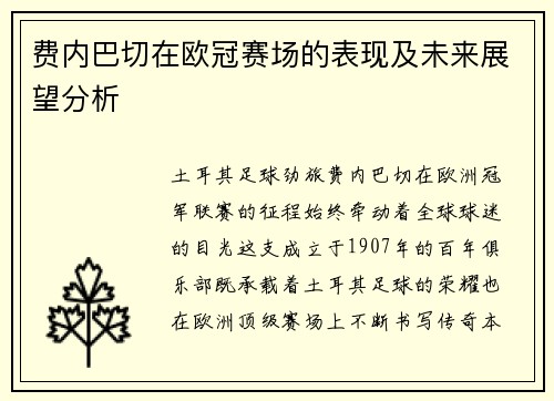 费内巴切在欧冠赛场的表现及未来展望分析
